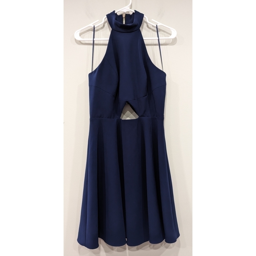 JayGodfrey Blue Fit and Flare Dress Halter Neck Peephole Front Size 6